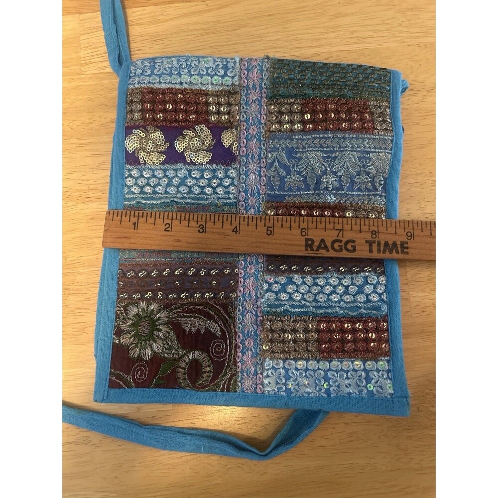 Vintage Boho Patchwork Sequin Crossbody Bag Blue Cotton India Festival Purse - Picture 11 of 12